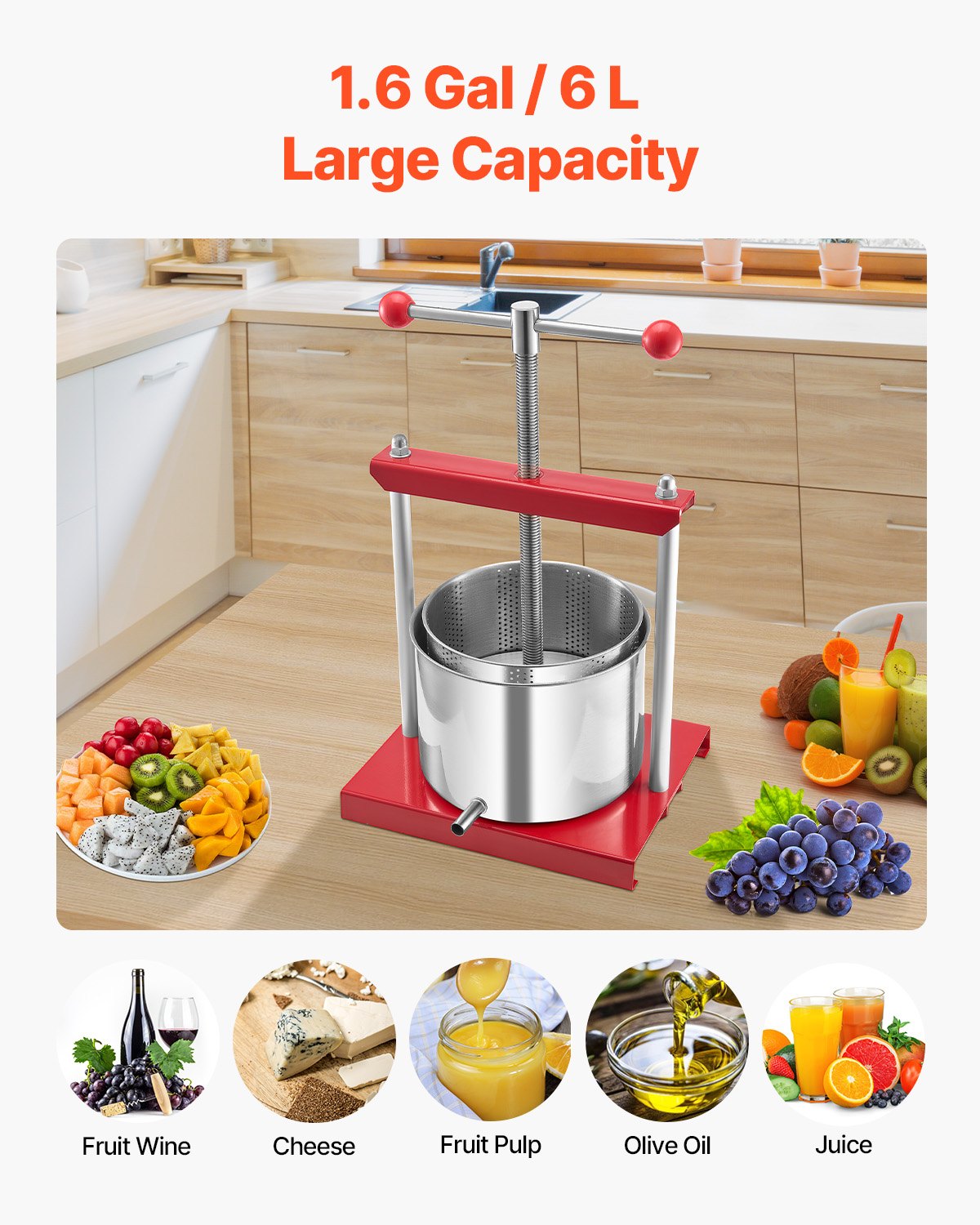 1.6 Gal/6L Fruit Wine Press, 2 Stainless Steel Barrels, Manual Juice Maker, Cider Apple Grape Tincture Honey Olive Oil Making Press with T-Handle for Outdoor Kitchen Home