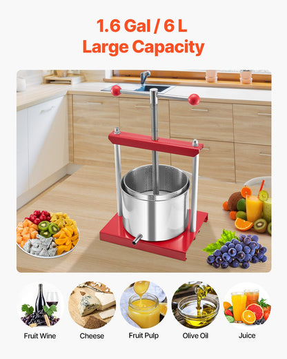 1.6 Gal/6L Fruit Wine Press, 2 Stainless Steel Barrels, Manual Juice Maker, Cider Apple Grape Tincture Honey Olive Oil Making Press with T-Handle for Outdoor Kitchen Home