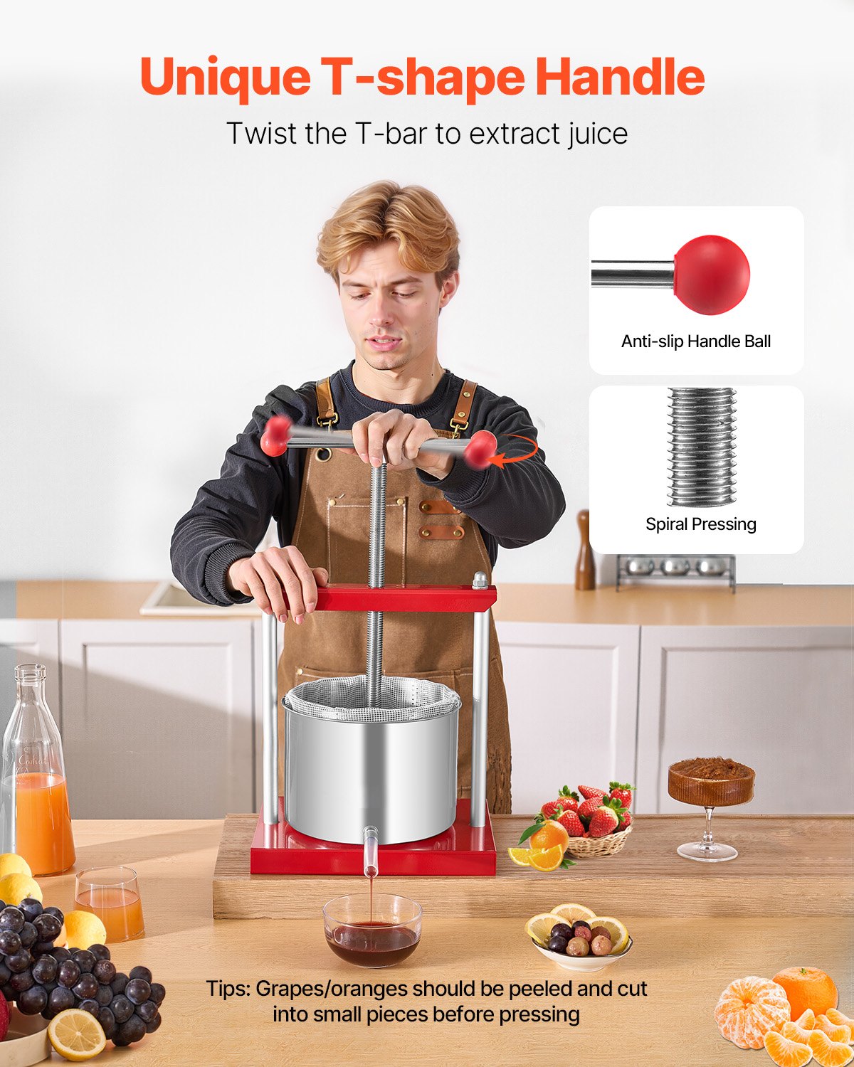 1.6 Gal/6L Fruit Wine Press, 2 Stainless Steel Barrels, Manual Juice Maker, Cider Apple Grape Tincture Honey Olive Oil Making Press with T-Handle for Outdoor Kitchen Home