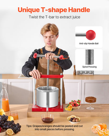 1.6 Gal/6L Fruit Wine Press, 2 Stainless Steel Barrels, Manual Juice Maker, Cider Apple Grape Tincture Honey Olive Oil Making Press with T-Handle for Outdoor Kitchen Home