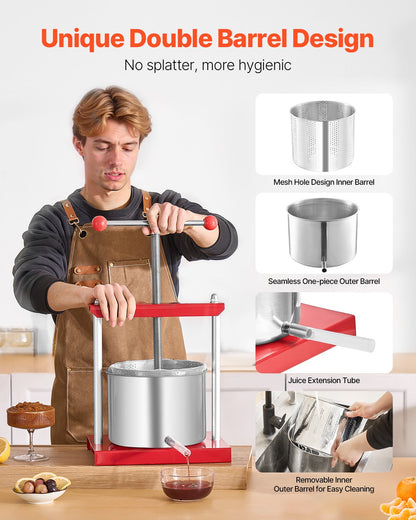 1.6 Gal/6L Fruit Wine Press, 2 Stainless Steel Barrels, Manual Juice Maker, Cider Apple Grape Tincture Honey Olive Oil Making Press with T-Handle for Outdoor Kitchen Home