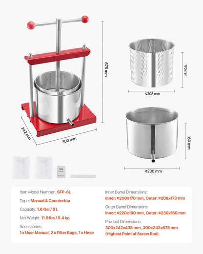 1.6 Gal/6L Fruit Wine Press, 2 Stainless Steel Barrels, Manual Juice Maker, Cider Apple Grape Tincture Honey Olive Oil Making Press with T-Handle for Outdoor Kitchen Home
