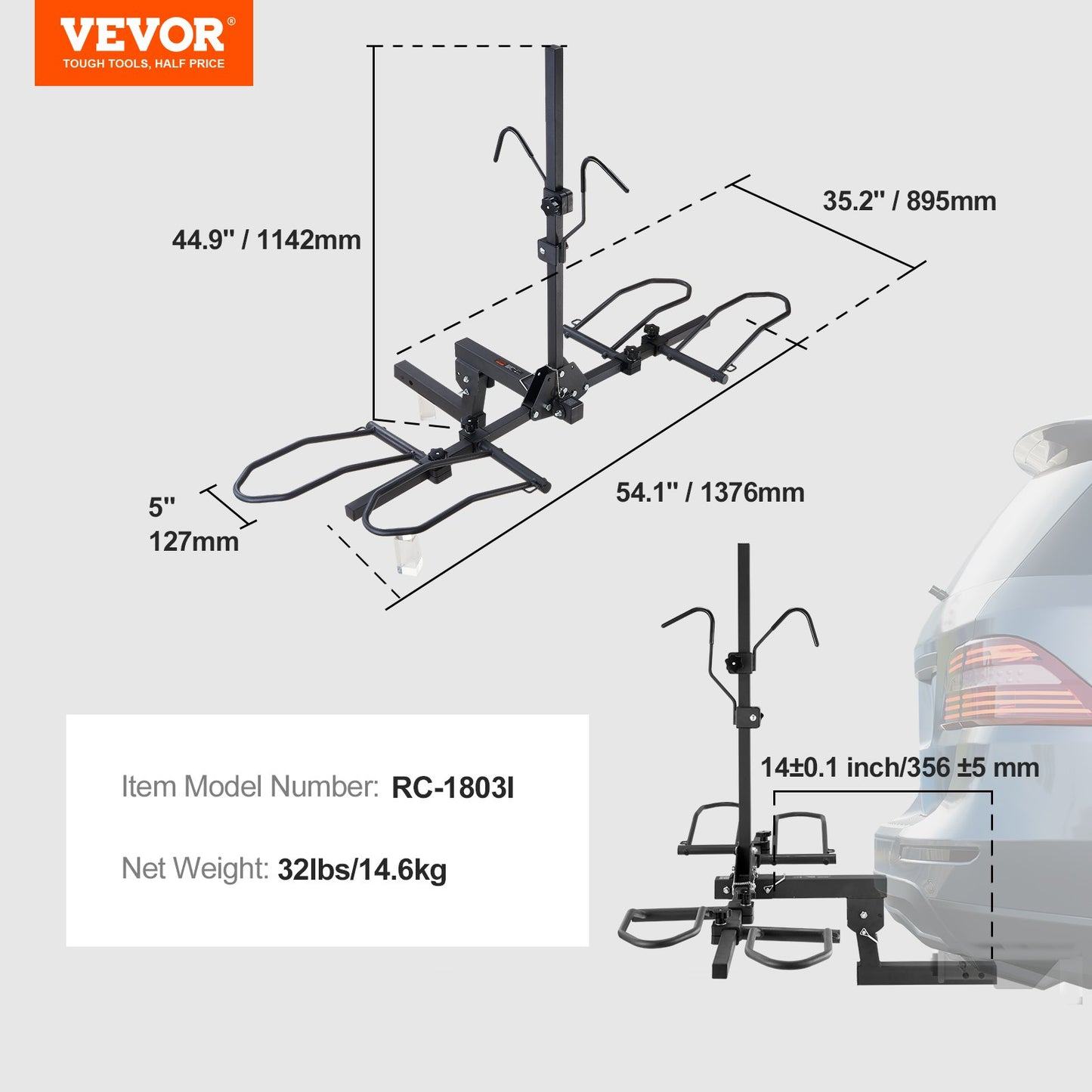 Hitch Mount Bike Rack, 2-Bike Platform Style, 160 LBS Max Capacity Bike Rack Hitch for 2-inch Receiver, Titling and Folding Bike Carrier with Tires up to 5" Wide, for Car, SUV, Truck, RV