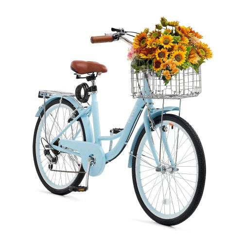 Cruiser Bike, 7-Speed, 24-Inch Light Blue Beach Cruiser Bike with Large Capacity Basket and Rear Rack, Secure & Sturdy Cruiser Bike with Adjustable Seat, Fits for Cycling, Exercise & Shopping