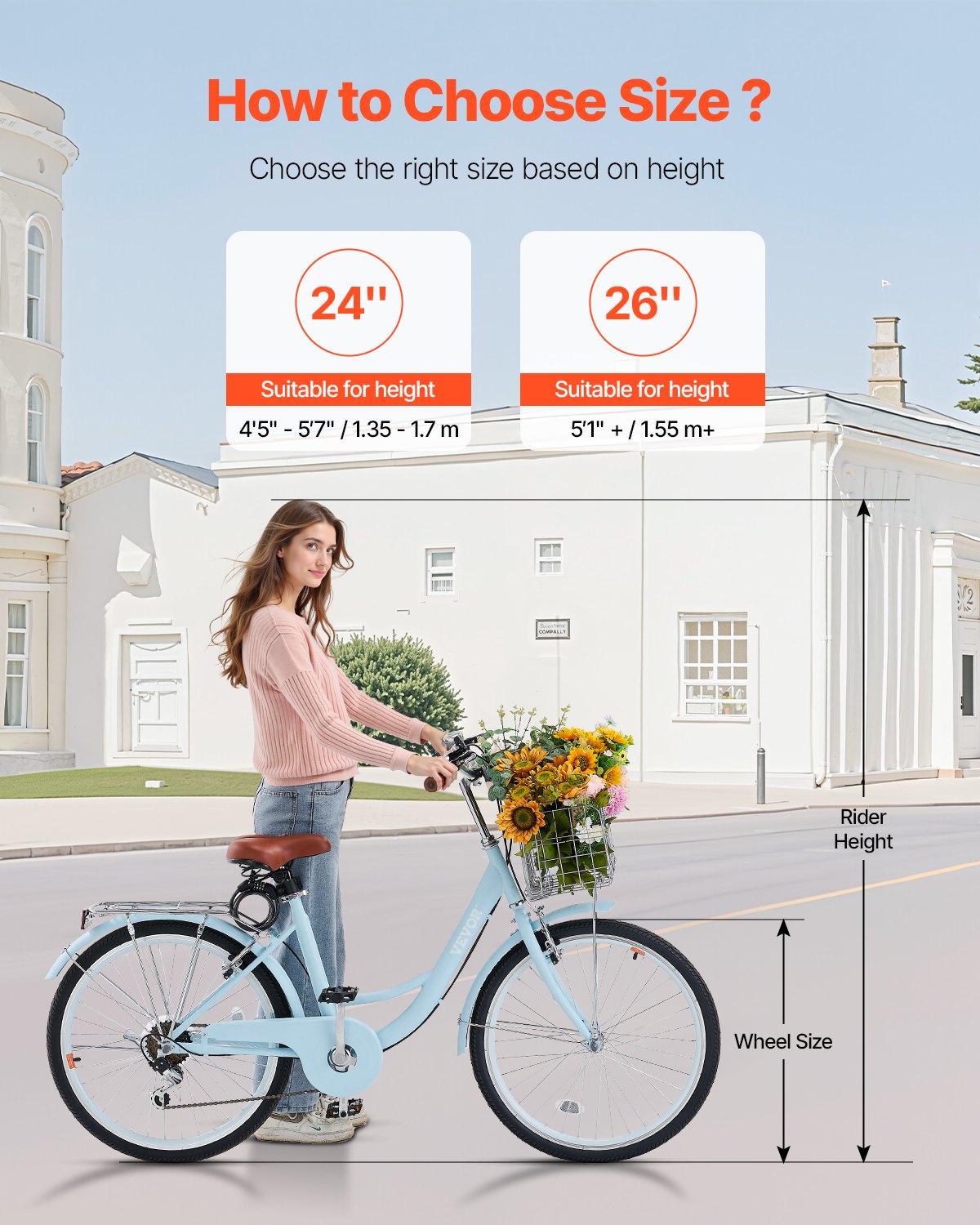 Cruiser Bike, 7-Speed, 24-Inch Light Blue Beach Cruiser Bike with Large Capacity Basket and Rear Rack, Secure & Sturdy Cruiser Bike with Adjustable Seat, Fits for Cycling, Exercise & Shopping