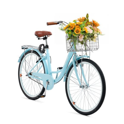 Cruiser Bike, 1-Speed, 26-Inch Light Blue Beach Cruiser Bike with Large Capacity Basket and Rear Rack, Secure & Sturdy Cruiser Bike with Adjustable Seat, Fits for Cycling, Exercise & Shopping