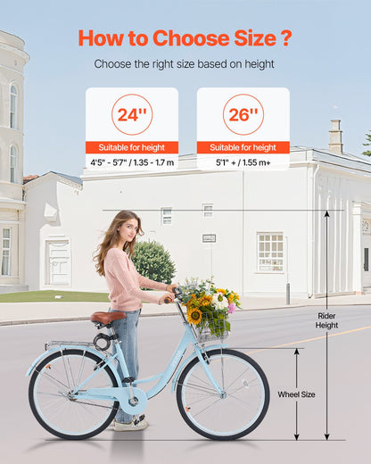 Cruiser Bike, 1-Speed, 26-Inch Light Blue Beach Cruiser Bike with Large Capacity Basket and Rear Rack, Secure & Sturdy Cruiser Bike with Adjustable Seat, Fits for Cycling, Exercise & Shopping