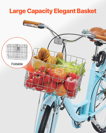 Cruiser Bike, 1-Speed, 26-Inch Light Blue Beach Cruiser Bike with Large Capacity Basket and Rear Rack, Secure & Sturdy Cruiser Bike with Adjustable Seat, Fits for Cycling, Exercise & Shopping