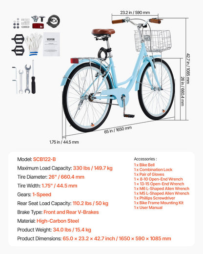 Cruiser Bike, 1-Speed, 26-Inch Light Blue Beach Cruiser Bike with Large Capacity Basket and Rear Rack, Secure & Sturdy Cruiser Bike with Adjustable Seat, Fits for Cycling, Exercise & Shopping