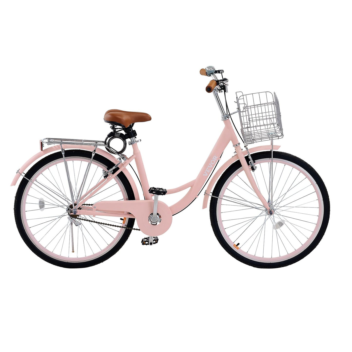 26 Inch Cruiser Bike 1-Speed Pink Beach Cruiser Bike with Basket