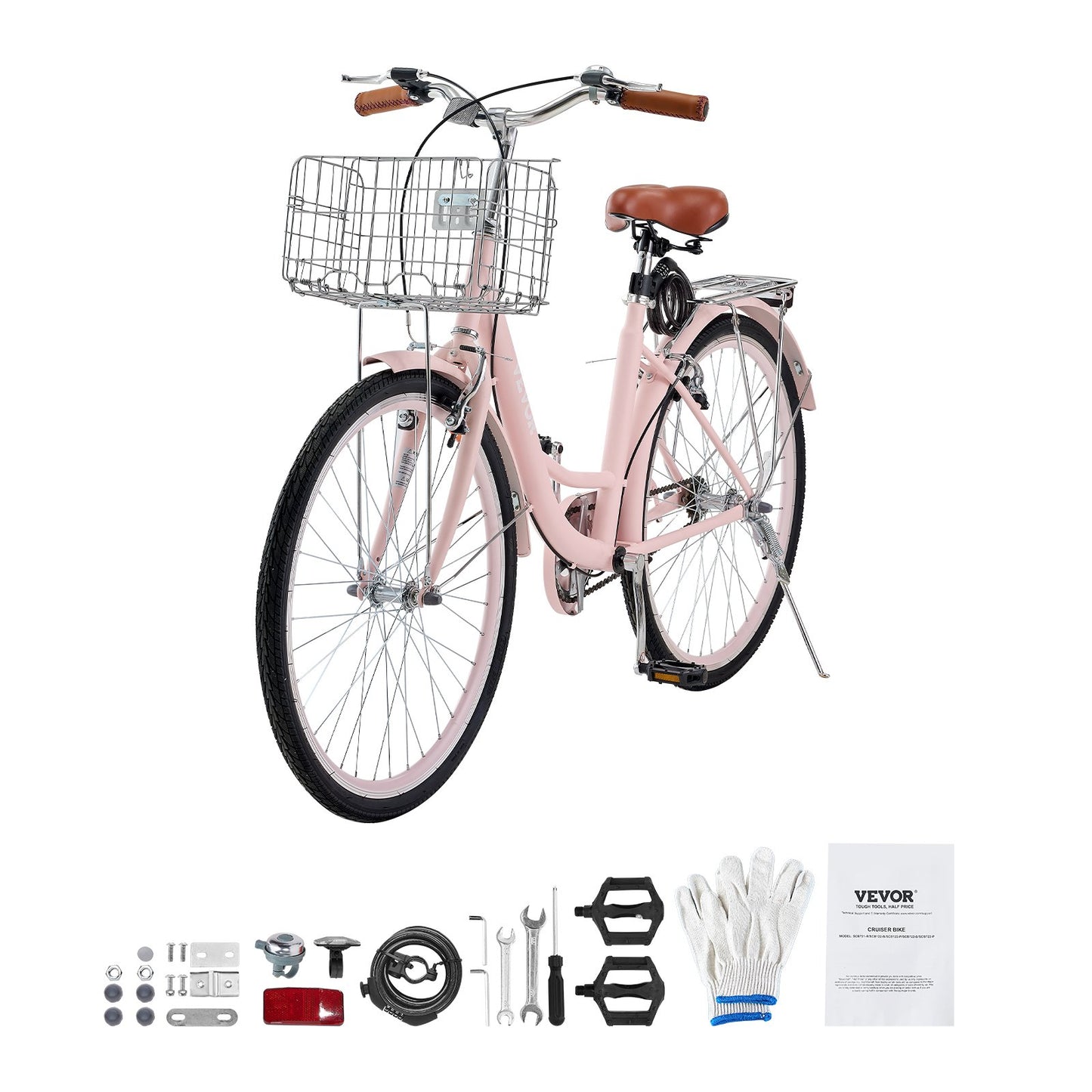 26 Inch Cruiser Bike 1-Speed Pink Beach Cruiser Bike with Basket