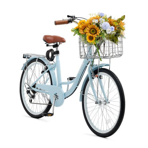 Cruiser Bike, 7-Speed, 26-Inch Light Blue Beach Cruiser Bike with Large Capacity Basket and Rear Rack, Secure & Sturdy Cruiser Bike with Adjustable Seat, Fits for Cycling, Exercise & Shopping