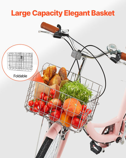 Cruiser Bike, 7-Speed, 26-Inch Pink Beach Cruiser Bike with Large Capacity Basket and Rear Rack, Secure & Sturdy Cruiser Bike with Adjustable Seat, Fits for Cycling, Exercise & Shopping