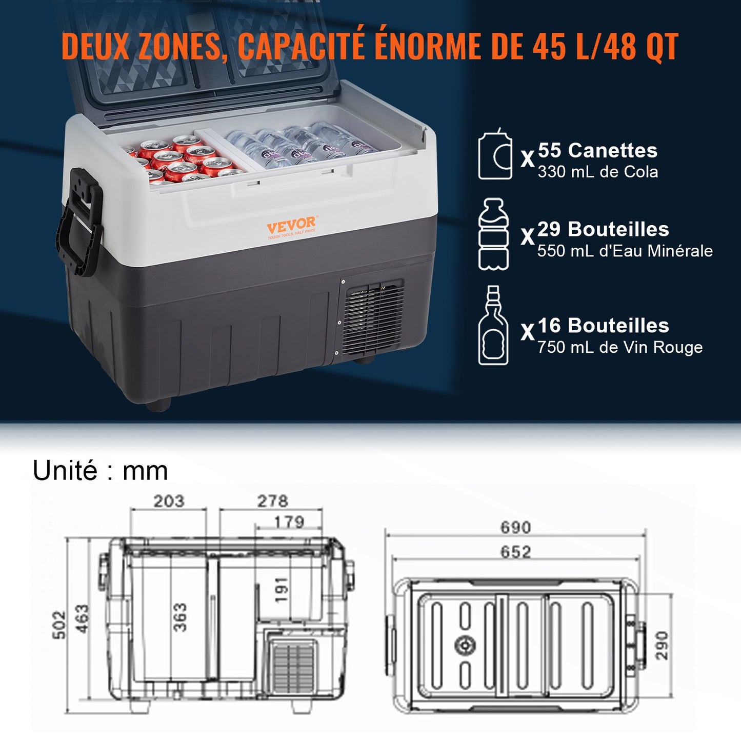 Car Refrigerator, 12 Volt Car Refrigerator Fridge, 48 QT/45 L Dual Zone Portable Freezer, -4℉-50℉ Adjustable Range, 12/24V DC and 100-240V AC Compressor Cooler for Outdoor, Camping, Travel, RV