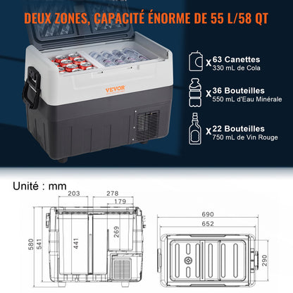 Car Refrigerator, 12 Volt Car Refrigerator Fridge, 58 QT/55 L Dual Zone Portable Freezer, -4℉-50℉ Adjustable Range, 12/24V DC and 100-240V AC Compressor Cooler for Outdoor, Camping, Travel, RV