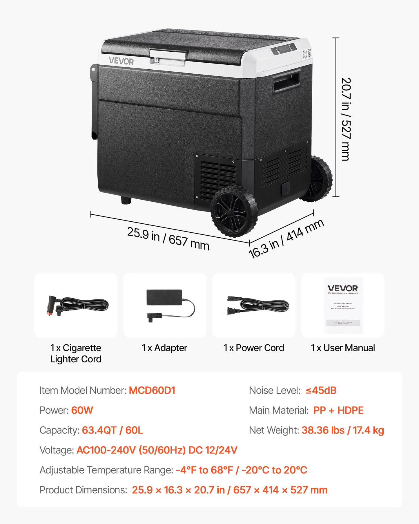 12 Volt Car Refrigerator, 63.4QT/60L Car Fridge, Portable Electric Cooler with Wheels and Handle, -4℉~68℉, 12/24V DC and 100- 240V AC Compressor Freezer for Outdoor, Camping, Travel, RV