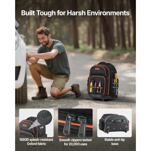 Verktygsryggsäck med hjul, 45 fickor, kraftig verktygsväska med hjul