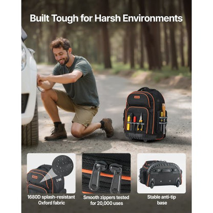 Verktygsryggsäck med hjul, 45 fickor, kraftig verktygsväska med hjul