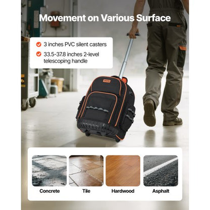 Verktygsryggsäck med hjul, 45 fickor, kraftig verktygsväska med hjul