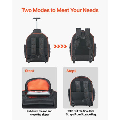 Verktygsryggsäck med hjul, 45 fickor, kraftig verktygsväska med hjul