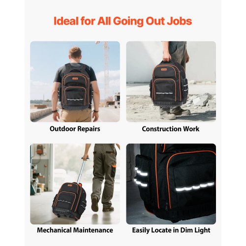 Verktygsryggsäck med hjul, 45 fickor, kraftig verktygsväska med hjul