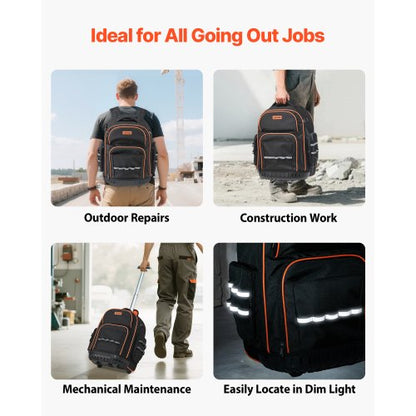 Verktygsryggsäck med hjul, 45 fickor, kraftig verktygsväska med hjul