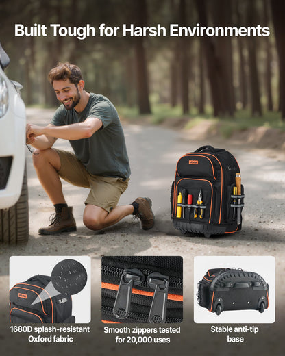 Rolling Tool Backpack, 110 lbs Load Capacity, 45 Pockets Heavy Duty Roller Tool Bag on Wheels, Adjustable Telescoping Handle & Stable Base, Toolbag Organizers for Construction, Mechanic