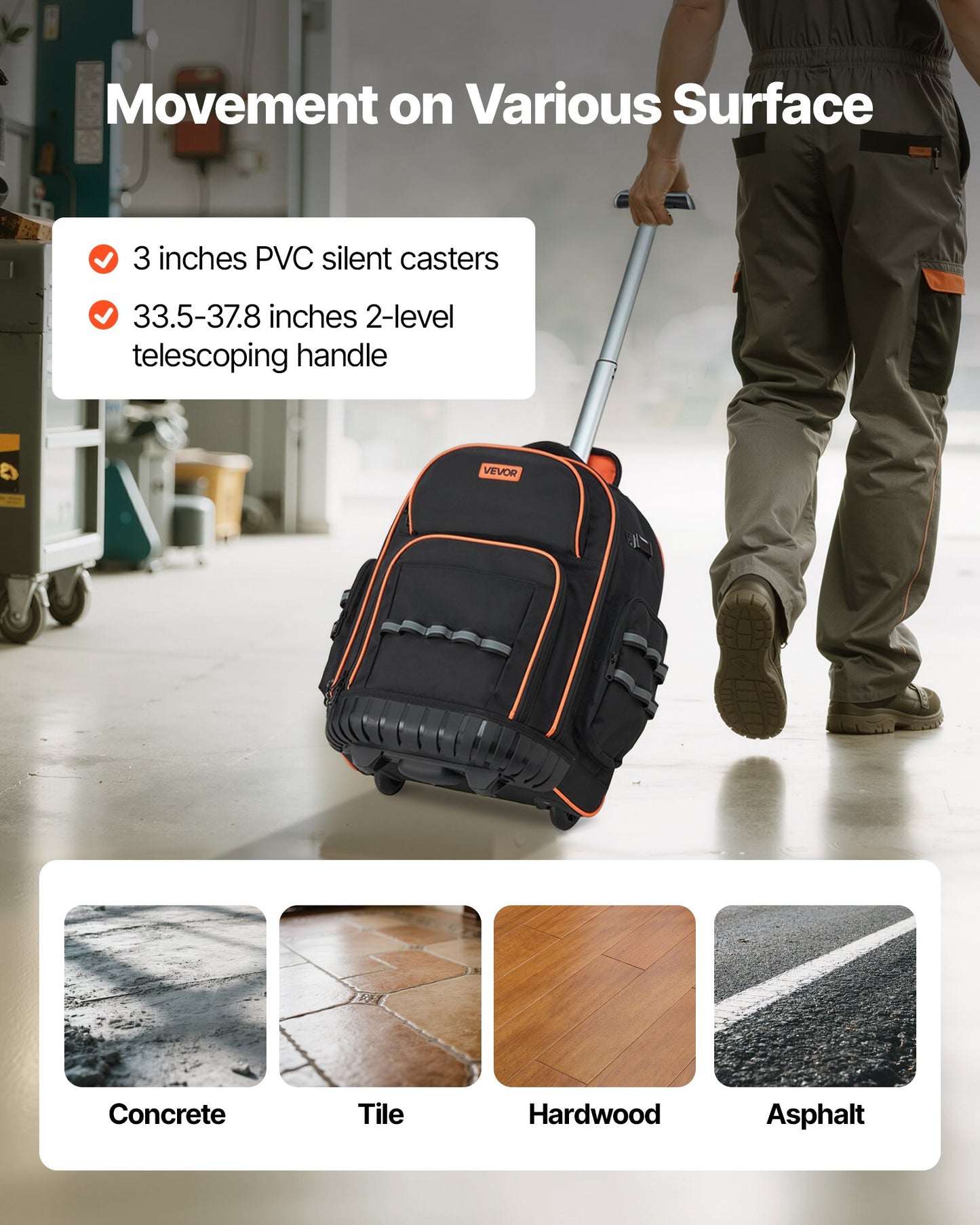 Rolling Tool Backpack, 110 lbs Load Capacity, 45 Pockets Heavy Duty Roller Tool Bag on Wheels, Adjustable Telescoping Handle & Stable Base, Toolbag Organizers for Construction, Mechanic