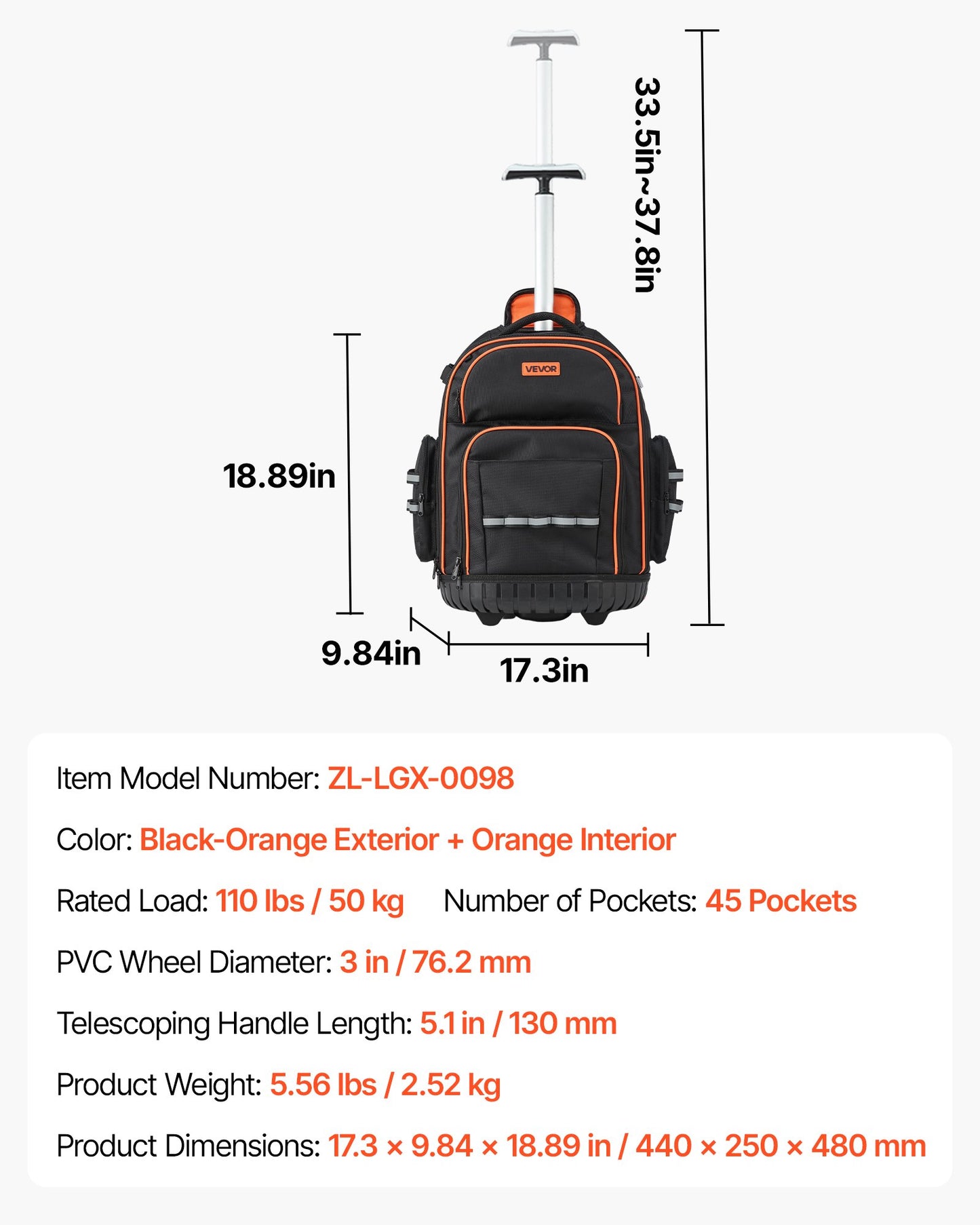 Rolling Tool Backpack, 110 lbs Load Capacity, 45 Pockets Heavy Duty Roller Tool Bag on Wheels, Adjustable Telescoping Handle & Stable Base, Toolbag Organizers for Construction, Mechanic