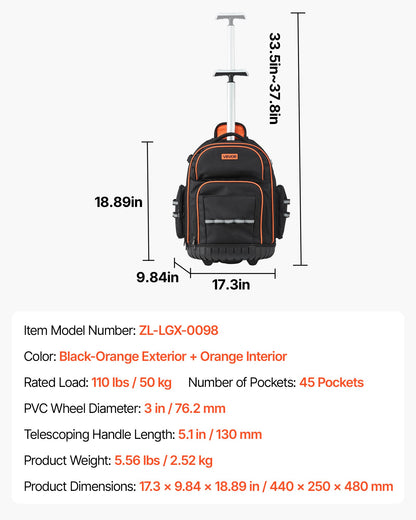 Rolling Tool Backpack, 110 lbs Load Capacity, 45 Pockets Heavy Duty Roller Tool Bag on Wheels, Adjustable Telescoping Handle & Stable Base, Toolbag Organizers for Construction, Mechanic