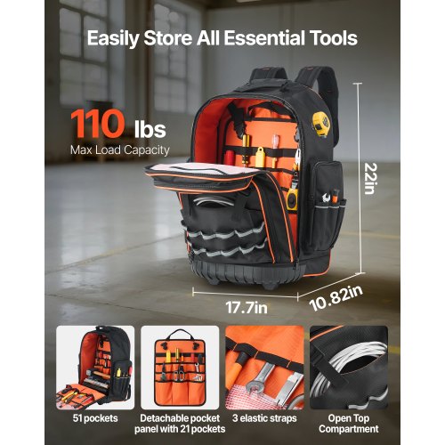 Werkzeugrucksack mit Rollen, 72 Taschen, robuste Werkzeugtasche mit Rollen