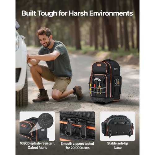 Werkzeugrucksack mit Rollen, 72 Taschen, robuste Werkzeugtasche mit Rollen