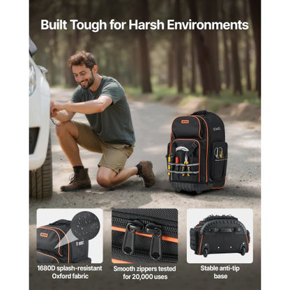 Werkzeugrucksack mit Rollen, 72 Taschen, robuste Werkzeugtasche mit Rollen