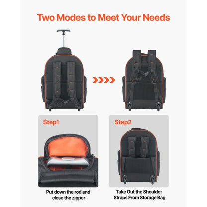 Werkzeugrucksack mit Rollen, 72 Taschen, robuste Werkzeugtasche mit Rollen