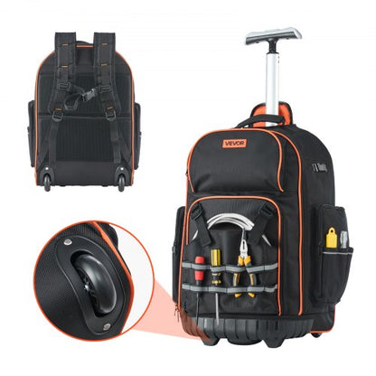 Rolling Tool Backpack, 110 lbs Load Capacity, 72 Pockets Heavy Duty Roller Tool Bag on Wheels, Adjustable Telescoping Handle & Stable Base, Toolbag Organizers for Construction, Mechanic