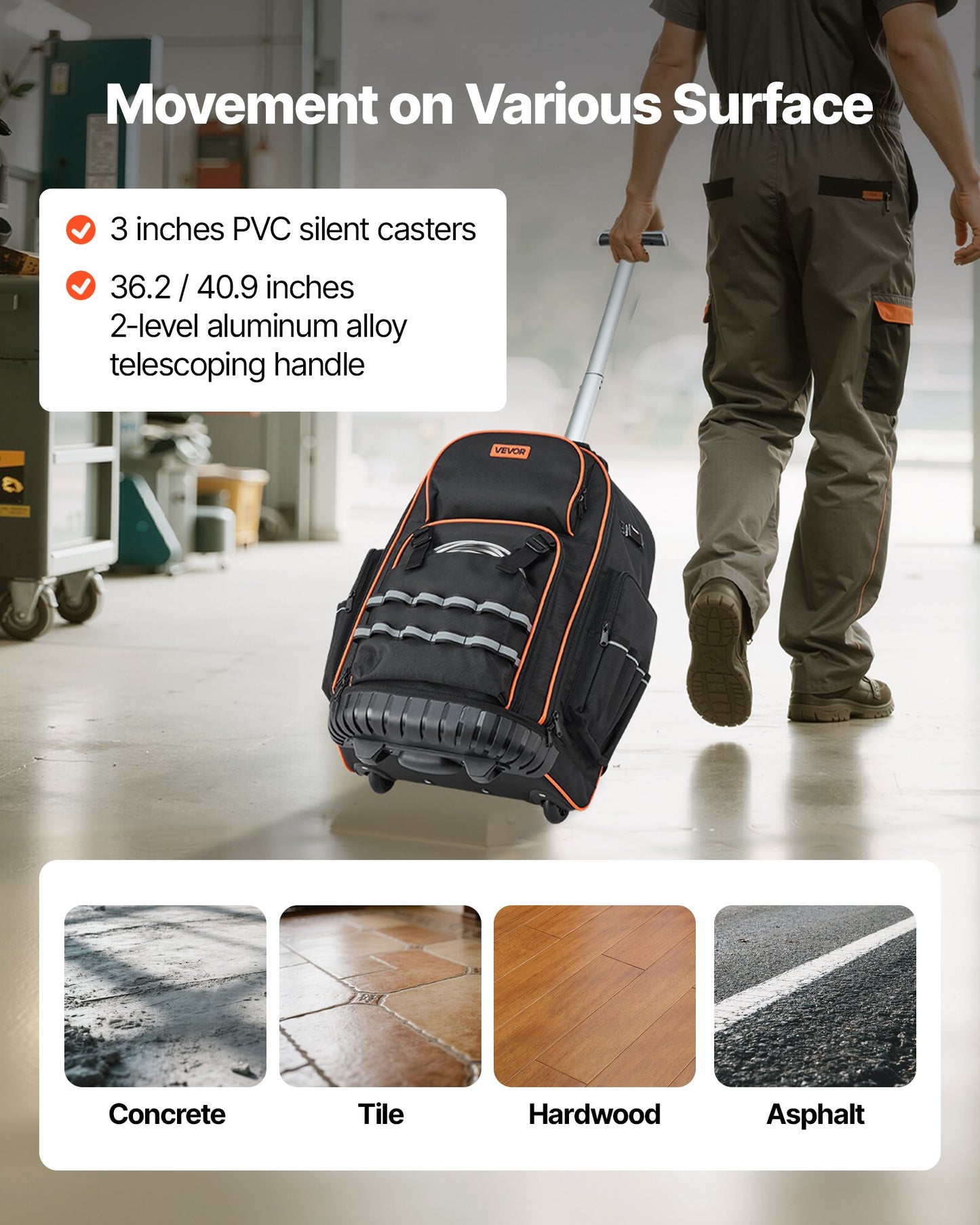 Rolling Tool Backpack, 110 lbs Load Capacity, 72 Pockets Heavy Duty Roller Tool Bag on Wheels, Adjustable Telescoping Handle & Stable Base, Toolbag Organizers for Construction, Mechanic