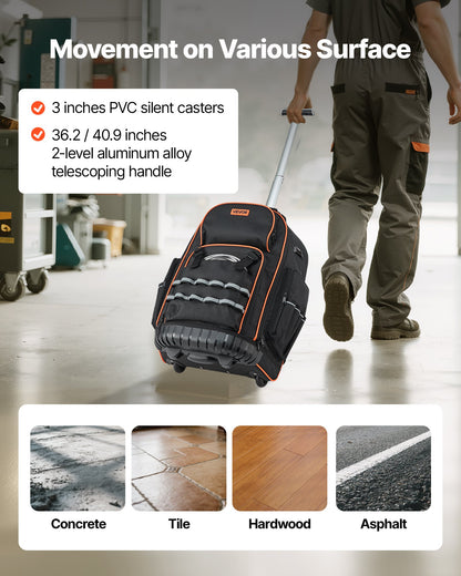 Rolling Tool Backpack, 110 lbs Load Capacity, 72 Pockets Heavy Duty Roller Tool Bag on Wheels, Adjustable Telescoping Handle & Stable Base, Toolbag Organizers for Construction, Mechanic