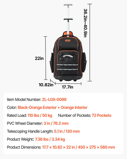 Rolling Tool Backpack, 110 lbs Load Capacity, 72 Pockets Heavy Duty Roller Tool Bag on Wheels, Adjustable Telescoping Handle & Stable Base, Toolbag Organizers for Construction, Mechanic
