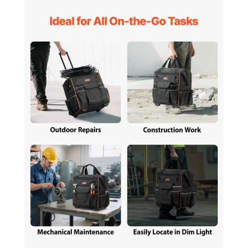 Werkzeugtasche mit Rollen, 25 Taschen, robuste Werkzeugtasche mit Rollen