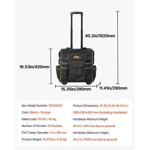 Werkzeugtasche mit Rollen, 25 Taschen, robuste Werkzeugtasche mit Rollen