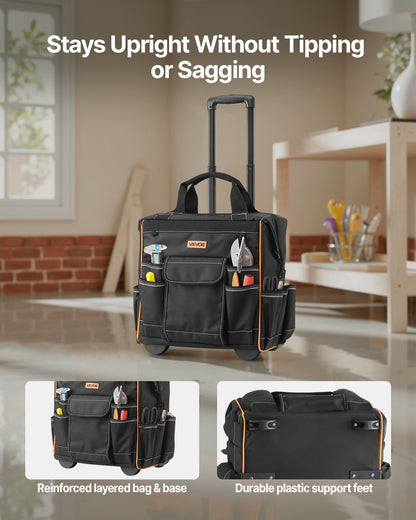 Rolling Tool Bag, 110 lbs Load Capacity, 25 Pockets Heavy Duty Roller Tool Bag on Wheels, Adjustable Telescoping Handle & Stable Base, Toolbag Organizers with Wheels for Construction, Mechanic