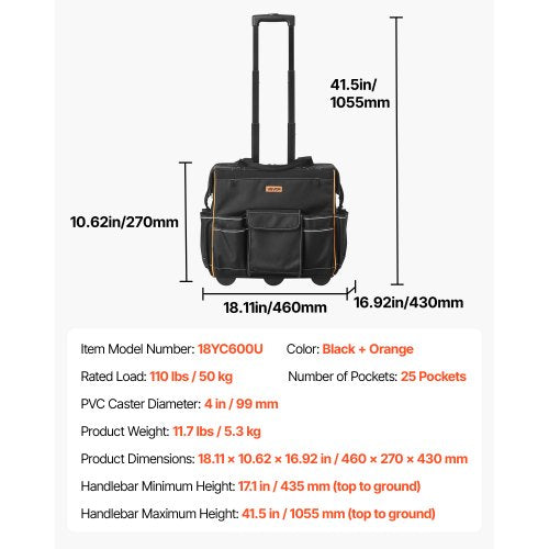 Rullande Verktygsväska 25 Fickor Kraftig Rullverktygsväska Teleskophandtag