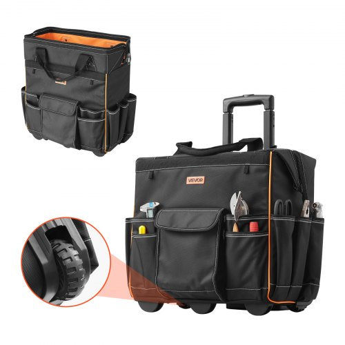 Rolling Tool Bag, 110 lbs Load Capacity, 25 Pockets Heavy Duty Roller Tool Bag with Adjustable Telescoping Handle & Stable Base, Toolbag Organizers with Wheels for Electrician, Construction