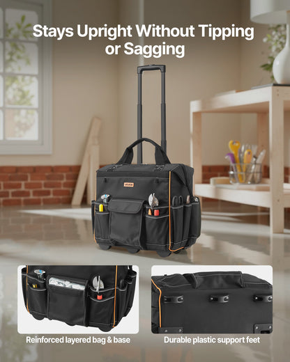 Rolling Tool Bag, 110 lbs Load Capacity, 25 Pockets Heavy Duty Roller Tool Bag with Adjustable Telescoping Handle & Stable Base, Toolbag Organizers with Wheels for Electrician, Construction