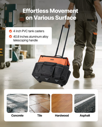 Rolling Tool Bag, 110 lbs Load Capacity, 27 Pockets Heavy Duty Roller Tool Bag on Wheels, Adjustable Telescoping Handle & Stable Base, Toolbag Organizers with Wheels for Construction, Mechanic