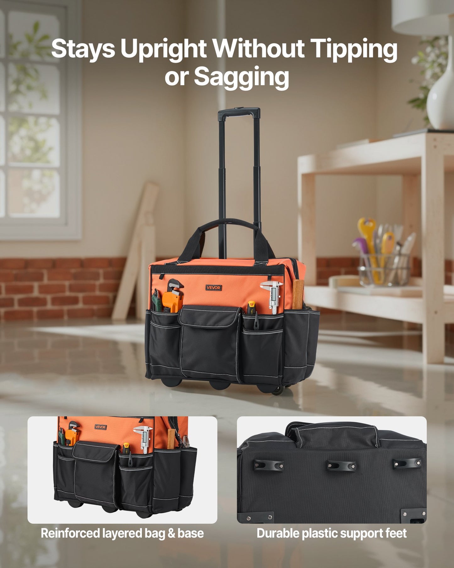 Rolling Tool Bag, 110 lbs Load Capacity, 27 Pockets Heavy Duty Roller Tool Bag on Wheels, Adjustable Telescoping Handle & Stable Base, Toolbag Organizers with Wheels for Construction, Mechanic