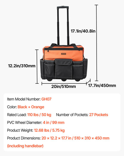 Rolling Tool Bag, 110 lbs Load Capacity, 27 Pockets Heavy Duty Roller Tool Bag on Wheels, Adjustable Telescoping Handle & Stable Base, Toolbag Organizers with Wheels for Construction, Mechanic