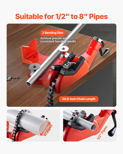 Heavy-Duty Pipe Chain Vise, 1/2" - 8" Pipe Capacity, 34.6" Rugged Chain & Cast Iron Base, Industrial-Grade Pipe Clamping for Plumbing, Automotive Repairs, Metalworking