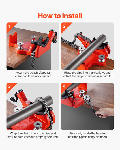 Heavy-Duty Pipe Chain Vise, 1/2" - 8" Pipe Capacity, 34.6" Rugged Chain & Cast Iron Base, Industrial-Grade Pipe Clamping for Plumbing, Automotive Repairs, Metalworking