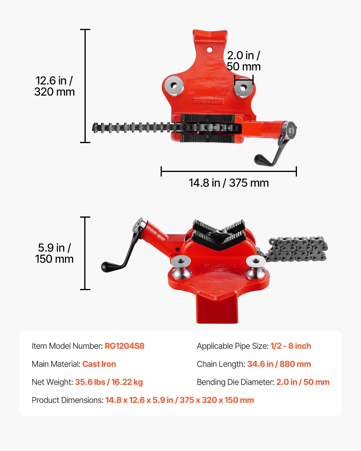 Heavy-Duty Pipe Chain Vise, 1/2" - 8" Pipe Capacity, 34.6" Rugged Chain & Cast Iron Base, Industrial-Grade Pipe Clamping for Plumbing, Automotive Repairs, Metalworking